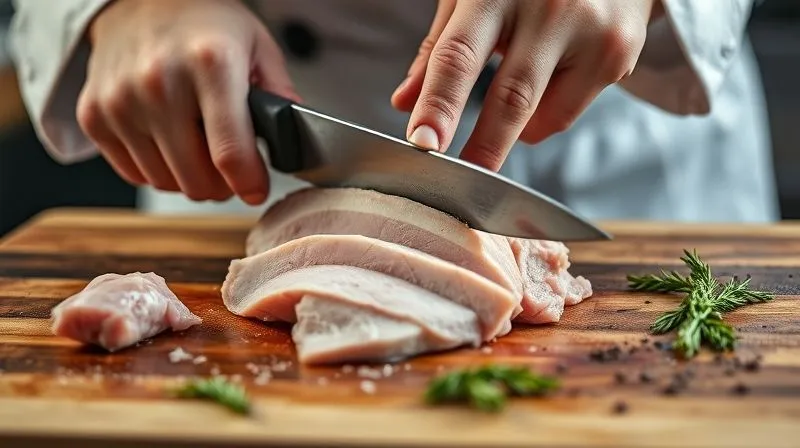 A close-up, photorealistic image of a chef's hands expertly slicing a raw turkey breast on a wooden cutting board, with sharp focus on the knife and meat texture. Professional photography, 8K, cinematic lighting, sharp focus, depth of field, shot on a high-end DSLR.