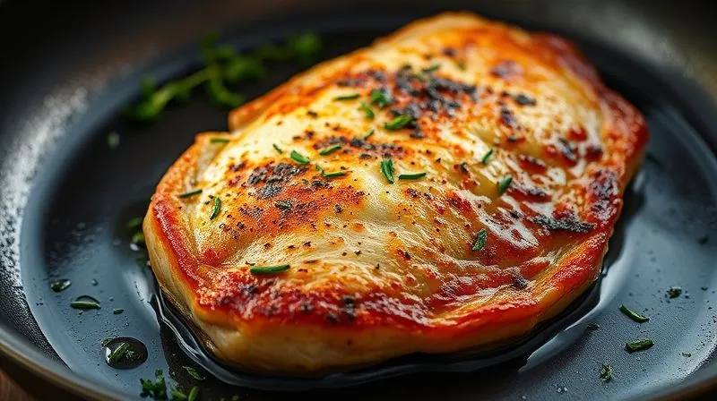 A photorealistic close-up of a perfectly golden-brown turkey cutlet sizzling gently in a non-stick pan, with minimal oil. The steam is visible, and fresh herbs are scattered around. Professional photography, 8K, cinematic lighting, sharp focus, depth of field, shot on a high-end DSLR.