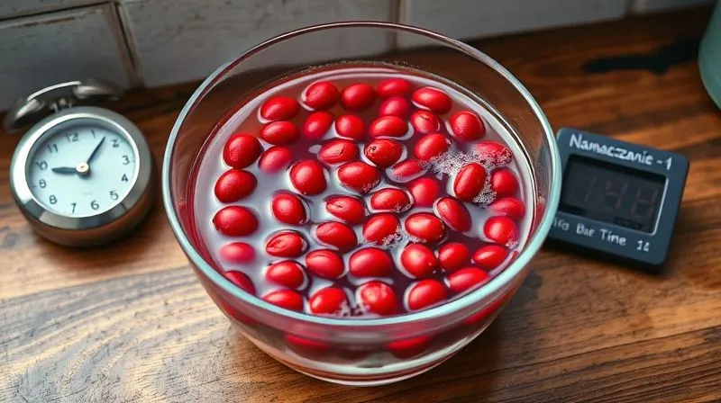 photorealistic, professional photography, 8K, cinematic lighting, sharp focus, depth of field, shot on a high-end DSLR. A clear glass bowl filled with vibrant red kidney beans soaking in fresh, clean water, with small bubbles gently rising. The bowl is placed on a rustic wooden countertop next to a timer set to 8 hours and a small, handwritten label 'Namaczanie - Krok 1'. The scene evokes a sense of care, preparation, and healthy cooking.