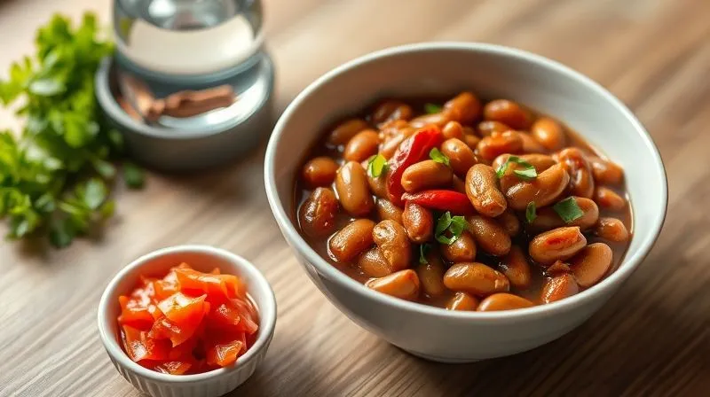 photorealistic, professional photography, 8K, cinematic lighting, sharp focus, depth of field, shot on a high-end DSLR. A vibrant, healthy vegetarian meal featuring a bowl of gently spiced red kidney beans, served alongside a small dish of bright green kimchi and a glass of water. The overall composition is fresh, natural, and emphasizes healthy eating and good digestion. Soft, natural light illuminates the scene, highlighting the textures and colors.