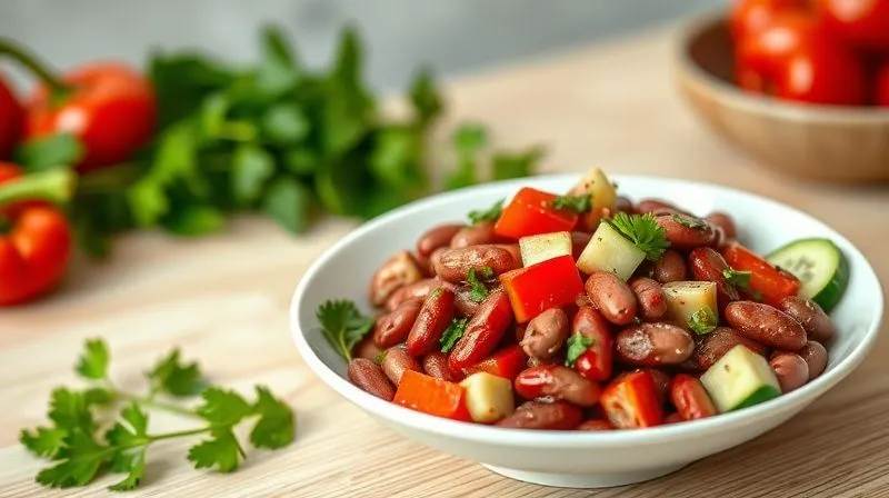photorealistic, professional photography, 8K, cinematic lighting, sharp focus, depth of field, shot on a high-end DSLR. A beautifully plated, vibrant red kidney bean salad with fresh herbs like parsley and cilantro, diced red bell peppers, and cucumber. The salad is served in a minimalist white bowl on a light wooden table, with a soft, diffused light highlighting the freshness of the ingredients. The background is slightly blurred, featuring a healthy, low-calorie vegetarian meal setting.
