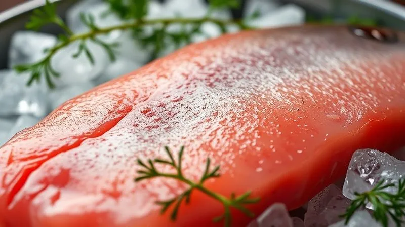 A close-up, photorealistic, professional photography shot of a fresh, raw trout fillet, vibrant pink with a slight sheen, resting on a bed of crushed ice with delicate green herbs (dill, parsley) scattered around. The focus is sharp on the texture of the fish, with a shallow depth of field. Cinematic lighting illuminates the fillet, making it appear pristine and appealing. 8K, shot on a high-end DSLR.