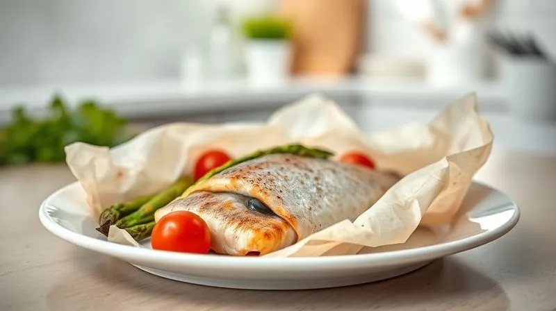 A photorealistic, professional photography of a beautifully arranged plate featuring a perfectly baked trout fillet in parchment paper (papillote style), partially opened to reveal the moist fish and colorful steamed vegetables (asparagus, cherry tomatoes). The scene is set in a bright, airy kitchen, with soft, natural light. Sharp focus on the dish, depth of field, 8K, shot on a high-end DSLR.