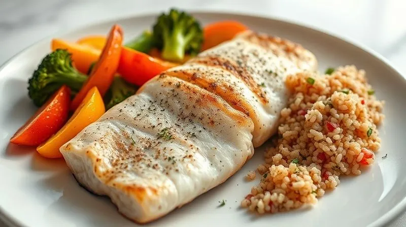 A photorealistic, professional photography of a vibrant and healthy fitness meal: a perfectly cooked, flaky trout fillet served alongside a colorful medley of roasted vegetables (broccoli, bell peppers, sweet potato) and a small portion of quinoa. The setting is clean and minimalist, with bright, natural light. Sharp focus on the meal, depth of field, 8K, shot on a high-end DSLR, emphasizing health and deliciousness.