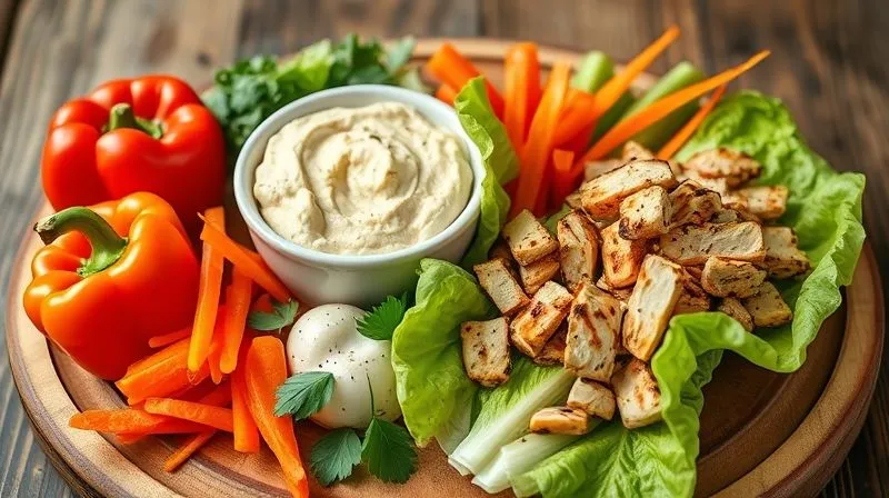 A photorealistic, professional photography, 8K, cinematic lighting, sharp focus, depth of field, shot on a high-end DSLR, showing a vibrant array of fresh, colorful vegetables suitable for a fit tortilla: crisp bell peppers, shredded carrots, romaine lettuce leaves, grilled chicken strips, and a bowl of creamy hummus, all neatly arranged on a rustic wooden board, emphasizing health and freshness.
