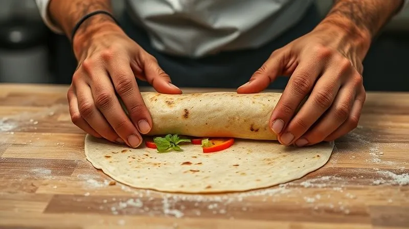 A photorealistic, professional photography, 8K, cinematic lighting, sharp focus, depth of field, shot on a high-end DSLR, capturing expert hands meticulously rolling a fit tortilla. The tortilla is tightly wrapped, showing vibrant, fresh ingredients peeking out, against a clean kitchen counter. The focus is on the precision and technique of rolling, ensuring no gaps or loose ends.
