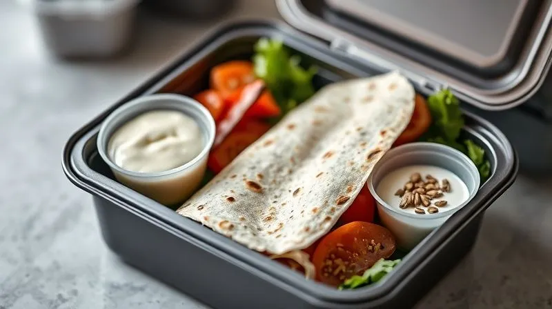 A photorealistic, professional photography, 8K, cinematic lighting, sharp focus, depth of field, shot on a high-end DSLR, showing an open, modern lunchbox with a perfectly intact, vibrant fit tortilla alongside small, separate containers for a creamy sauce and a sprinkle of toasted seeds. The scene is well-lit, emphasizing freshness and thoughtful preparation for a healthy meal on the go.