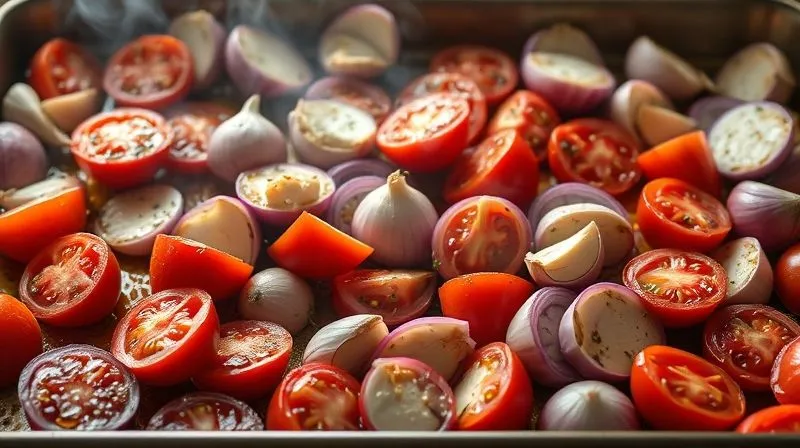 A photorealistic, professional photography, 8K, cinematic lighting, sharp focus, depth of field, shot on a high-end DSLR of a baking sheet filled with halved ripe tomatoes, quartered red onions, and whole garlic cloves, lightly drizzled with olive oil and sprinkled with herbs, perfectly roasted and slightly caramelized, steam gently rising, emphasizing rich colors and inviting texture.