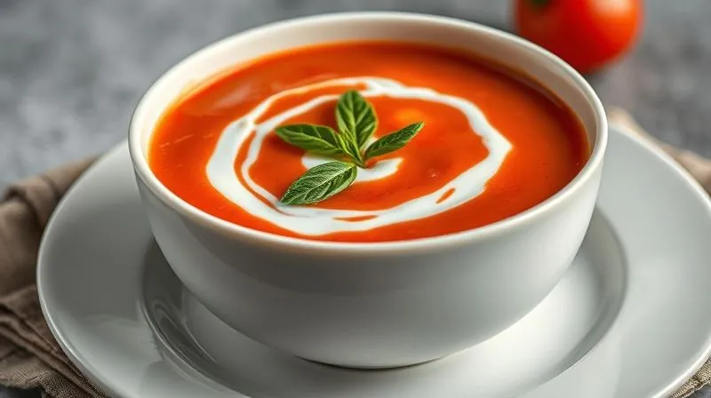 A photorealistic, professional photography, 8K, cinematic lighting, sharp focus, depth of field, shot on a high-end DSLR of a beautifully presented bowl of creamy, bright red fit tomato soup, garnished with a swirl of natural Greek yogurt and a sprig of fresh basil, steam gently rising, placed on a clean white plate with a rustic linen napkin, highlighting its appetizing and healthy appeal.