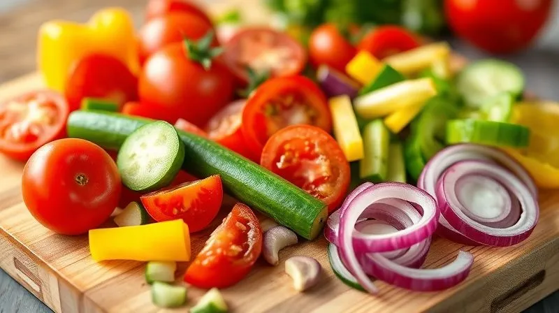 photorealistic, professional photography, 8K, cinematic lighting, sharp focus on a vibrant assortment of fresh, ripe Greek salad vegetables: red tomatoes, crisp green cucumbers, yellow and green bell peppers, and thinly sliced red onion, artfully arranged on a wooden cutting board, ready to be chopped, depth of field blurring the background, shot on a high-end DSLR, emphasizing freshness and natural colors.