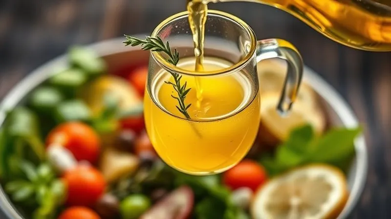 photorealistic, professional photography, 8K, cinematic lighting, sharp focus on a small glass pitcher filled with a light, golden vinaigrette dressing, garnished with fresh oregano and a lemon slice, being poured over a bowl of fresh Greek salad ingredients in the background, depth of field blurring the salad, shot on a high-end DSLR, emphasizing the freshness and delicate nature of the dressing.
