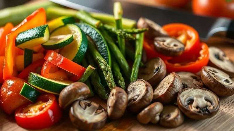 A close-up, photorealistic shot of various colorful, fresh vegetables (zucchini, bell peppers, asparagus, mushrooms) perfectly sliced and arranged on a cutting board, ready for grilling, with a chef's knife in the background, cinematic lighting, sharp focus, depth of field, 8K hyper-detailed.