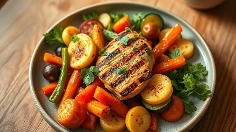 A vibrant, overhead shot of a beautifully plated, healthy dinner featuring a colorful array of grilled vegetables and lean protein (e.g., grilled chicken breast or tofu), garnished with fresh herbs, on a modern ceramic plate, set on a minimalist dining table. photorealistic, professional photography, 8K, cinematic lighting, sharp focus, depth of field, shot on a high-end DSLR, appealing and balanced.