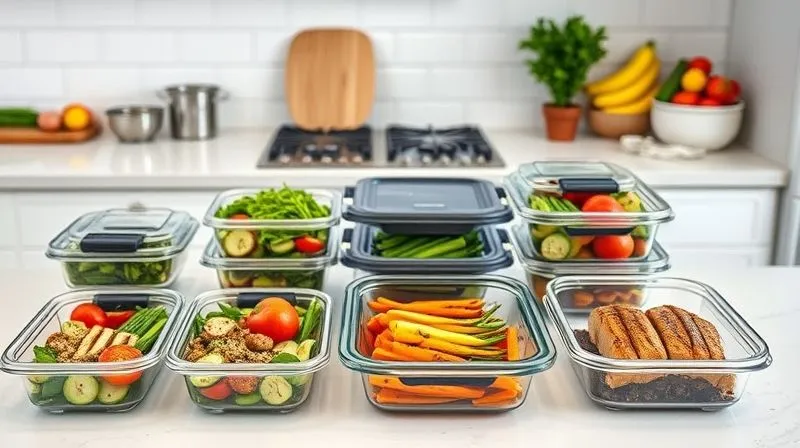A well-organized kitchen counter with various meal prep containers filled with grilled vegetables and lean protein, ready for the week. The scene is clean, modern, and practical, suggesting efficiency and healthy living. photorealistic, professional photography, 8K, cinematic lighting, sharp focus, depth of field, shot on a high-end DSLR, aspirational and functional.