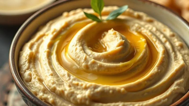 Photorealistic close-up of a bowl of traditional hummus with a generous drizzle of olive oil, contrasted with a lighter version of hummus without oil, illustrating the visual difference in texture and perceived richness. Cinematic lighting, 8K.