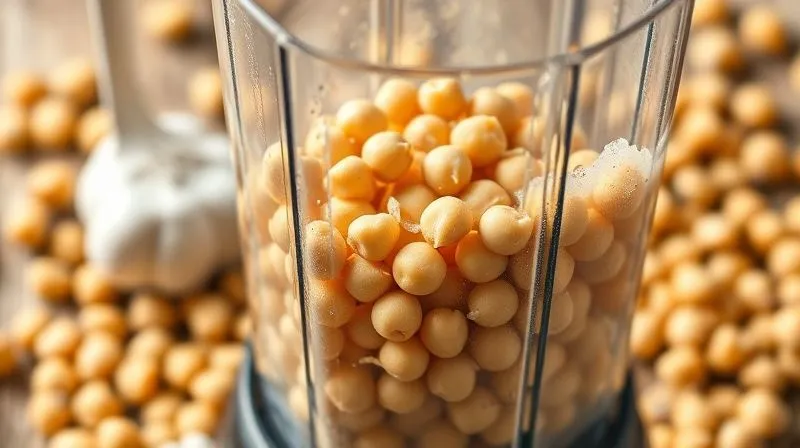 Photorealistic image of fresh chickpeas being blended in a high-speed blender with lemon juice and garlic, creating a smooth, creamy texture without oil. Dynamic action shot with cinematic lighting, 8K.