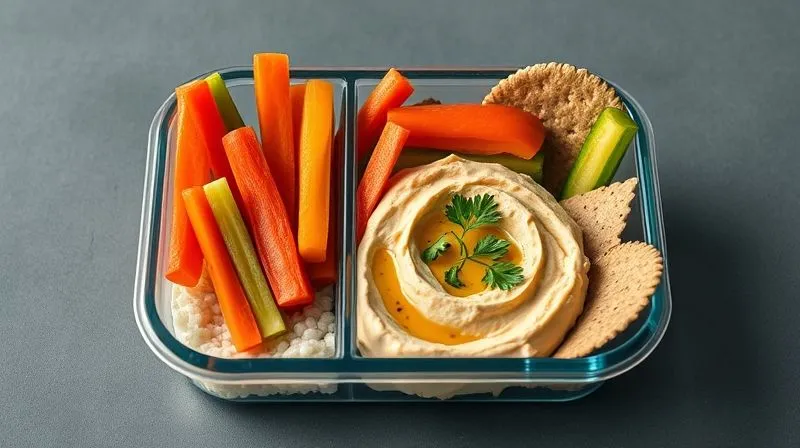 Photorealistic image of a vibrant, healthy meal prep container, featuring oil-free hummus with colorful vegetable sticks (carrots, cucumbers, bell peppers) and whole-grain crackers. Professional food photography, 8K, bright and natural lighting.