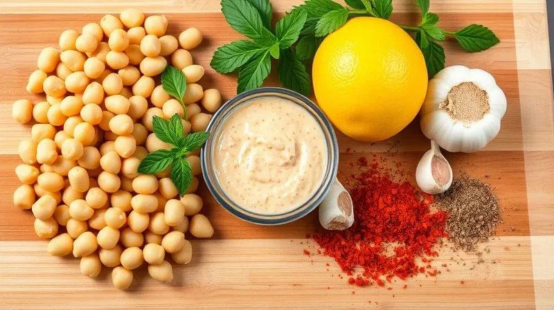A close-up, photorealistic image of fresh, vibrant ingredients for hummus laid out on a clean wooden cutting board: cooked chickpeas, a small bowl of light tahini, a lemon cut in half, fresh garlic cloves, and a variety of colorful spices like cumin and paprika. The lighting is bright and natural, highlighting the textures and colors of the food. 8K hyper-detailed, shot on a high-end DSLR, with a shallow depth of field.