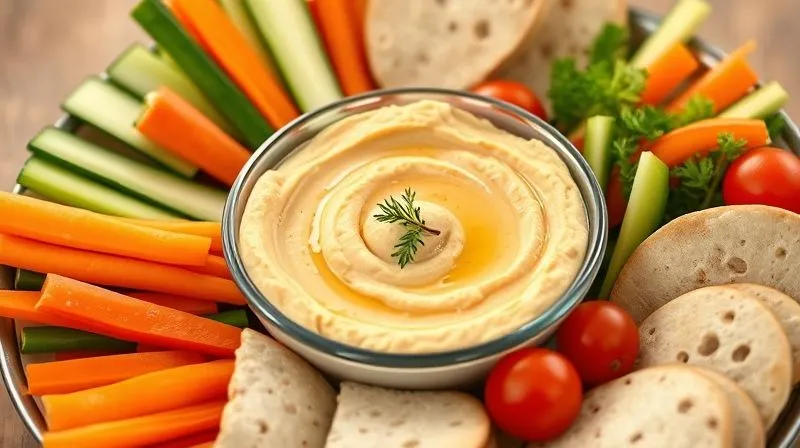 A vibrant and appealing photorealistic image of a healthy snack platter featuring a bowl of low-calorie hummus surrounded by an assortment of colorful fresh vegetables like cucumber sticks, carrot sticks, bell pepper strips, cherry tomatoes, and whole-grain pita bread wedges. The setting is bright and inviting, perfect for a light meal or snack. Cinematic lighting, sharp focus on the food, depth of field. 8K hyper-detailed, shot on a high-end DSLR, conveying freshness and healthy indulgence.