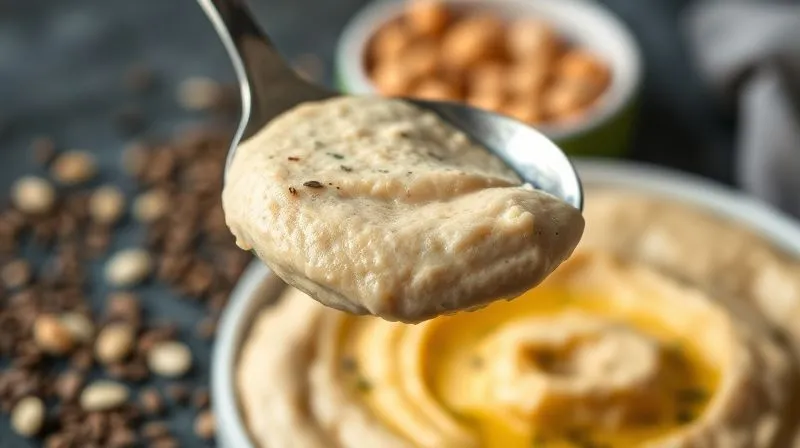 A photorealistic close-up of a spoonful of creamy low-calorie hummus being lifted from a bowl, showing its smooth texture and a few visible specks of herbs. In the blurred background, there are various healthy toppings like chia seeds, pumpkin seeds, and a sprinkle of chickpeas, suggesting added nutrition and texture. Cinematic lighting, sharp focus on the spoon, depth of field. 8K hyper-detailed, shot on a high-end DSLR, emphasizing deliciousness and health.