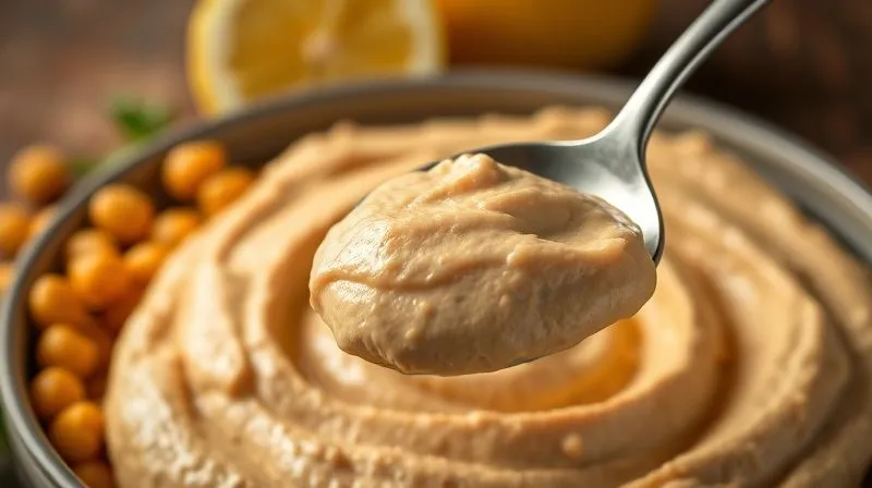 A close-up, photorealistic shot of a vibrant bowl of homemade hummus, with a spoon scooping a portion, highlighting its creamy texture. The background is softly blurred, showing fresh chickpeas and a lemon. The image conveys a sense of healthy abundance and deliciousness. professional photography, 8K, cinematic lighting, sharp focus, depth of field, shot on a high-end DSLR.