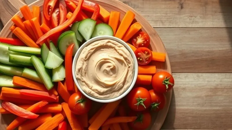 A vibrant, overhead shot of a wooden cutting board laden with an assortment of freshly cut, colorful vegetables ready for dipping: crisp cucumber sticks, bright red bell pepper strips, orange carrot sticks, and juicy cherry tomatoes, all arranged around a small bowl of creamy hummus. The lighting is bright and natural, emphasizing freshness. professional photography, 8K, cinematic lighting, sharp focus, depth of field, shot on a high-end DSLR.