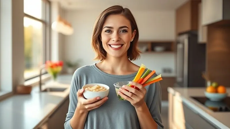 A photorealistic image of a woman in her mid-30s, smiling confidently, holding a small container of hummus and vegetable sticks, standing in a modern, bright kitchen. The sunlight streams in, highlighting her healthy glow and positive demeanor. The scene evokes success and well-being. professional photography, 8K, cinematic lighting, sharp focus, depth of field, shot on a high-end DSLR.