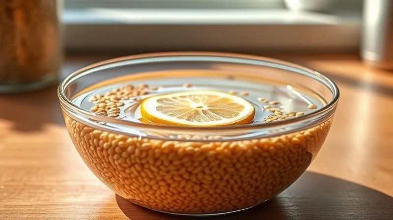 Photorealistic, professional photography, 8K, cinematic lighting, sharp focus, depth of field, shot on a high-end DSLR. A glass bowl filled with raw millet grains soaking in water with a few drops of apple cider vinegar, a slice of lemon floating. The scene is set on a minimalist kitchen counter, with soft morning light illuminating the bowl, creating a serene and healthy atmosphere. The focus is on the soaking grains, with subtle reflections.