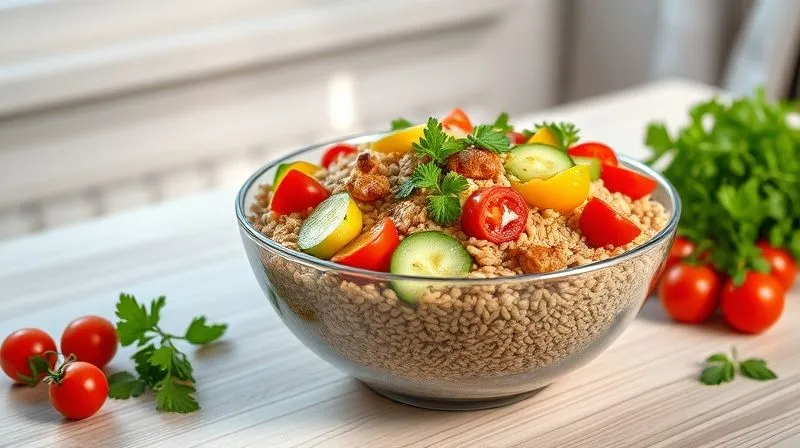 Photorealistic, professional photography, 8K, cinematic lighting, sharp focus, depth of field, shot on a high-end DSLR. A vibrant, healthy bowl of millet salad with colorful vegetables like bell peppers, cucumbers, cherry tomatoes, and fresh parsley, drizzled with olive oil and lemon juice. The bowl is placed on a light wooden table, with a soft, natural light coming from a window, creating a fresh and appetizing look. The image evokes freshness, lightness, and deliciousness, perfect for a healthy diet.