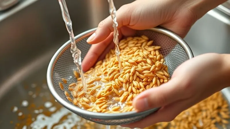 Photorealistic image of hands gently rinsing golden millet in a fine-mesh sieve under running water, with soft, natural kitchen lighting, sharp focus, depth of field, 8K, professional photography.