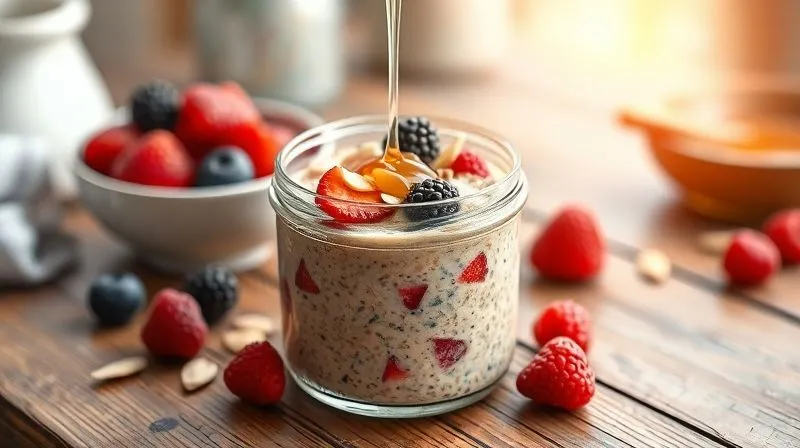A vibrant, photorealistic image of a healthy millet pudding with fresh berries, sliced almonds, and a drizzle of honey, presented in a clear glass jar on a rustic wooden table, bathed in soft morning light, sharp focus on the pudding, depth of field, 8K, professional photography.