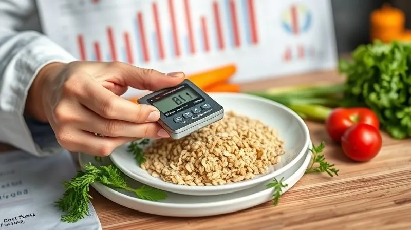 A close-up, photorealistic image of a dietitian's hands using a small digital scale to precisely measure a portion of cooked millet on a white plate, surrounded by fresh ingredients, with a scientific chart blurred in the background, sharp focus, depth of field, 8K, professional photography.