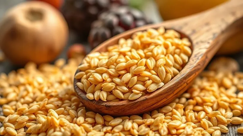 A close-up, photorealistic shot of golden millet grains spilling from a rustic wooden spoon, with a blurred background of fresh fruits and nuts, emphasizing natural goodness and health benefits. Cinematic lighting, sharp focus, 8K.