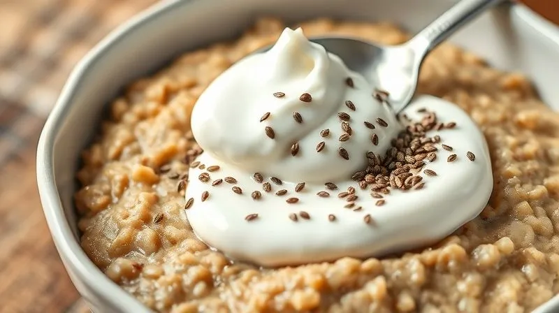 A photorealistic image of a bowl of millet porridge being generously topped with a spoonful of creamy Greek yogurt and a sprinkle of chia seeds, highlighting protein enrichment. Soft morning light, sharp focus on the texture, 8K.