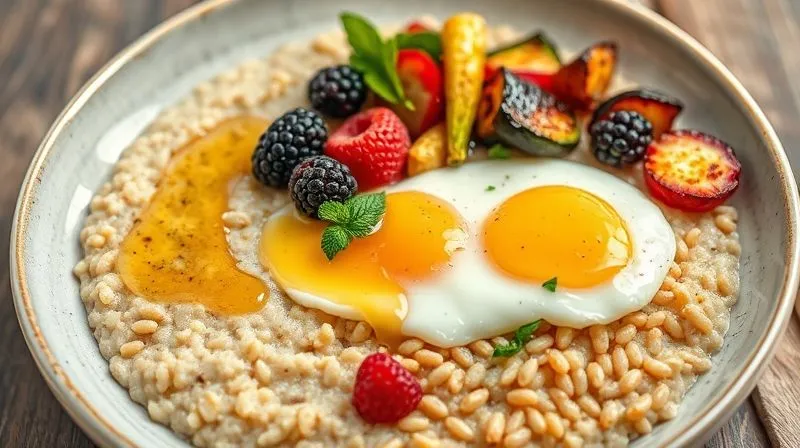 A split photorealistic image: on one side, a sweet millet porridge with berries and honey; on the other, a savory millet porridge with roasted vegetables and a poached egg, showcasing versatility and deliciousness. Cinematic lighting, professional food photography, 8K.