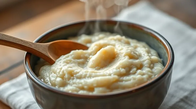 A close-up, photorealistic image of perfectly cooked, fluffy millet porridge in a ceramic bowl, steam gently rising, with a wooden spoon resting beside it. The texture is visible and inviting. Professional photography, 8K, cinematic lighting, sharp focus, depth of field blurring the background, shot on a high-end DSLR.