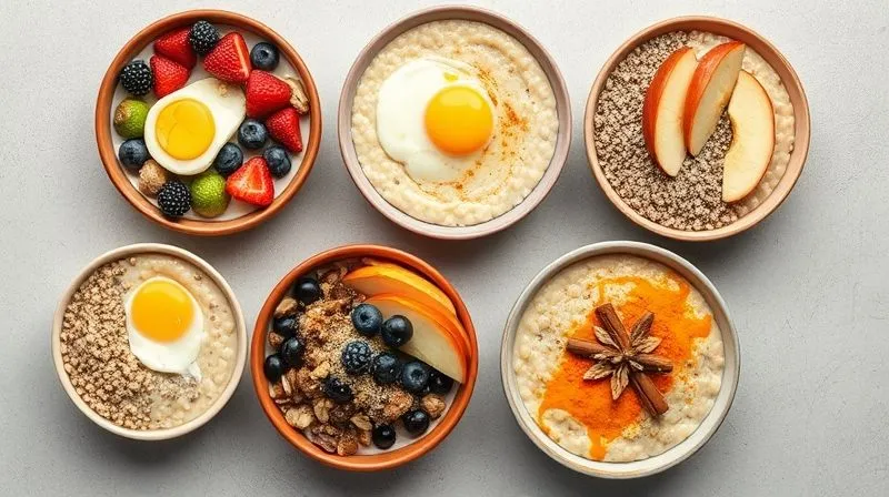A vibrant, photorealistic flat lay of five distinct bowls of millet porridge, each representing one of the recipes: one with berries and nuts, one with savory vegetables and an egg, one with chia and banana, one with apple and cinnamon, and one with turmeric and ginger. Each bowl is artfully arranged and fresh. Professional photography, 8K, cinematic lighting, sharp focus, depth of field, shot on a high-end DSLR.