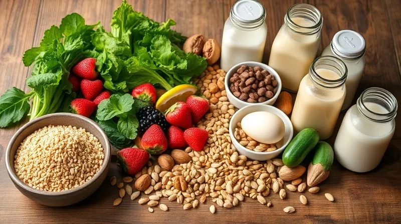 A diverse array of healthy breakfast ingredients laid out on a rustic wooden table: a bowl of cooked millet, fresh colorful berries, various nuts and seeds, leafy greens, a boiled egg, and different plant milks in small glass bottles. Professional photography, 8K, cinematic lighting, sharp focus on the ingredients, depth of field blurring the background, shot on a high-end DSLR.