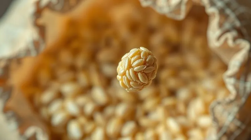 Photorealistic close-up of a single grain of millet, magnified to show subtle imperfections or a thin, almost invisible film, with a soft, bitter-tasting shadow cast over it, against a blurred background of an old, open bag of millet. Cinematic lighting, sharp focus, 8K, shot on a high-end DSLR.