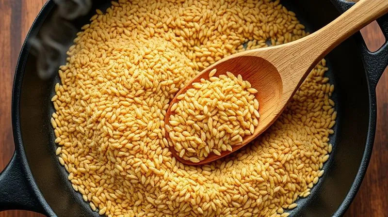 Photorealistic top-down shot of a cast iron pan with golden millet grains being gently tossed by a wooden spoon, steam subtly rising. One side of the pan shows raw, rinsed millet, the other side shows lightly toasted, aromatic millet. Cinematic lighting, sharp focus, 8K, shot on a high-end DSLR, emphasizing transformation and culinary process.