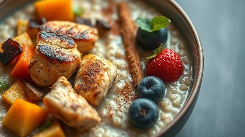 Photorealistic close-up of a vibrant, healthy bowl of millet porridge, half savory with roasted vegetables and grilled chicken, half sweet with fresh berries and a sprinkle of cinnamon. The two halves are distinctly separated, showcasing versatility. Cinematic lighting, sharp focus, 8K, shot on a high-end DSLR, emphasizing deliciousness and nutritional balance.