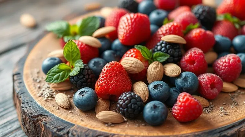 Photorealistic professional photography of a vibrant assortment of fresh berries (strawberries, blueberries, raspberries), sliced almonds, chia seeds, and pumpkin seeds neatly arranged on a rustic wooden board, bathed in soft, natural light. Sharp focus on the textures and colors, depth of field subtly blurring the background. Shot on a high-end DSLR, 8K hyper-detailed, conveying health and freshness.