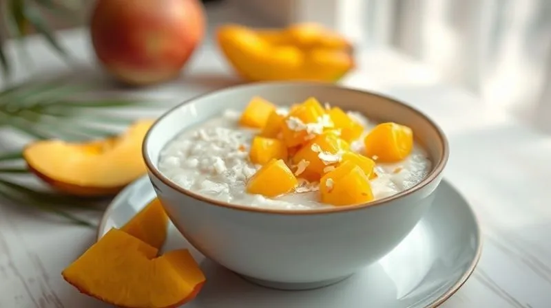 Photorealistic professional photography of a beautifully plated bowl of coconut semolina porridge, topped with vibrant diced mango and a sprinkle of unsweetened coconut flakes. The setting is bright and airy, with soft, diffused light highlighting the fresh ingredients. Sharp focus on the texture of the porridge and the fruit, depth of field creating a gentle blur in the background. Shot on a high-end DSLR, 8K hyper-detailed, evoking a sense of tropical freshness and healthy indulgence.