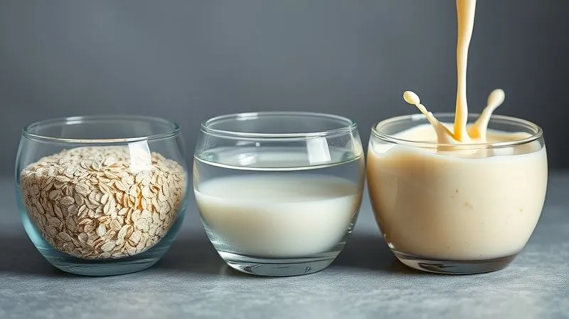A photorealistic, professional photography shot of three glass bowls, each containing a different stage of porridge preparation. The first bowl shows dry oats, the second shows oats simmering in water, and the third shows creamy porridge with a splash of milk being poured in. Cinematic lighting, sharp focus, depth of field, 8K, shot on a high-end DSLR.