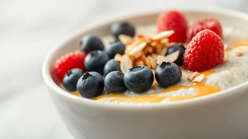A photorealistic, professional photography image of a perfectly composed bowl of low-calorie porridge. It's topped with a vibrant array of fresh blueberries, raspberries, a sprinkle of chopped almonds, and a drizzle of sugar-free syrup. The focus is sharp on the toppings, highlighting their texture and color, against a slightly blurred background. Cinematic lighting, 8K, sharp focus, depth of field, shot on a high-end DSLR.