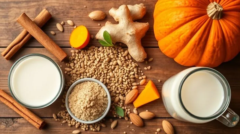 A vibrant, photorealistic overhead shot of various fat-burning ingredients for a smoothie: pumpkin puree, chia seeds, cinnamon sticks, fresh ginger, a scoop of protein powder, and unsweetened almond milk, arranged artfully on a rustic wooden table. Warm, cinematic lighting, sharp focus, depth of field, 8K, professional photography, shot on a high-end DSLR.