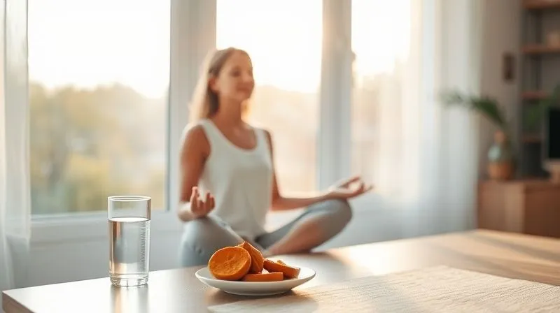 A serene, photorealistic image of a person meditating calmly by a window bathed in soft morning light, with a glass of water and a small plate of healthy pumpkin snacks nearby. The atmosphere is peaceful and focused, emphasizing holistic well-being and stress reduction. Cinematic lighting, sharp focus, depth of field, 8K, professional photography, shot on a high-end DSLR.