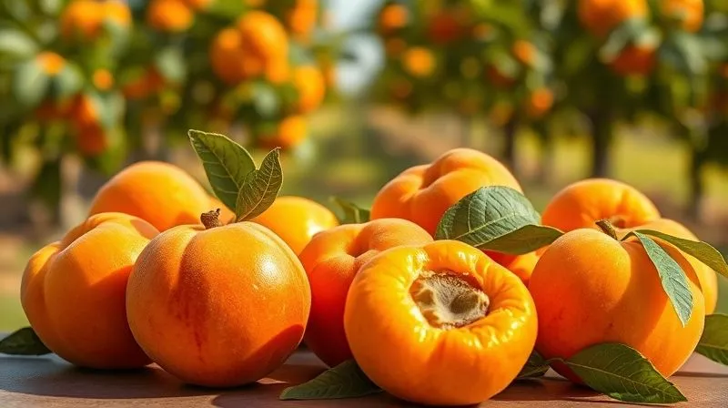 Photorealistic image of fresh, ripe apricots arranged beautifully, highlighting their vibrant orange color and velvety skin, with a blurred background of a sunny orchard, cinematic lighting, sharp focus, depth of field, 8K.