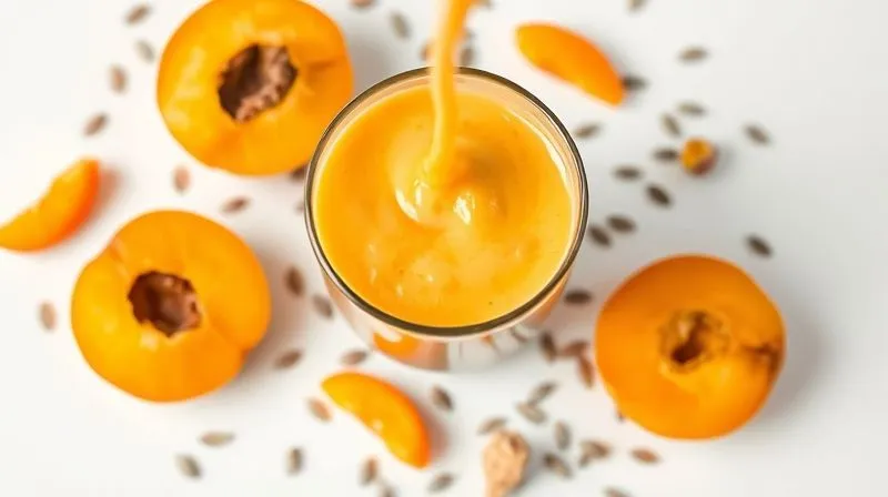 A close-up, top-down photorealistic shot of a vibrant apricot smoothie being poured into a clear glass, showing its creamy texture. Surrounding the glass are scattered fresh apricot halves and whole flax seeds on a clean, minimalist white surface. Cinematic lighting, sharp focus, 8K.
