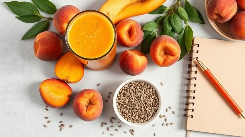 A visually appealing flat lay of various healthy ingredients: fresh apricots, a glass of apricot smoothie, a small bowl of chia seeds, Greek yogurt, and a notebook with a pen, suggesting a holistic approach to diet planning and wellness. Soft, natural light. Photorealistic, 8K, sharp focus.